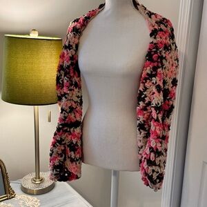 HAND CRAFTED Cardigan Cropped knitted pink and tans Granny Square Boho Summer